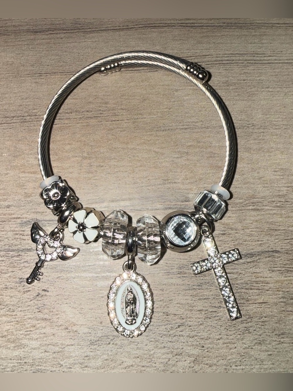 Stainless Steel Charm Bracelet with Clear Crystal & Religious Charms